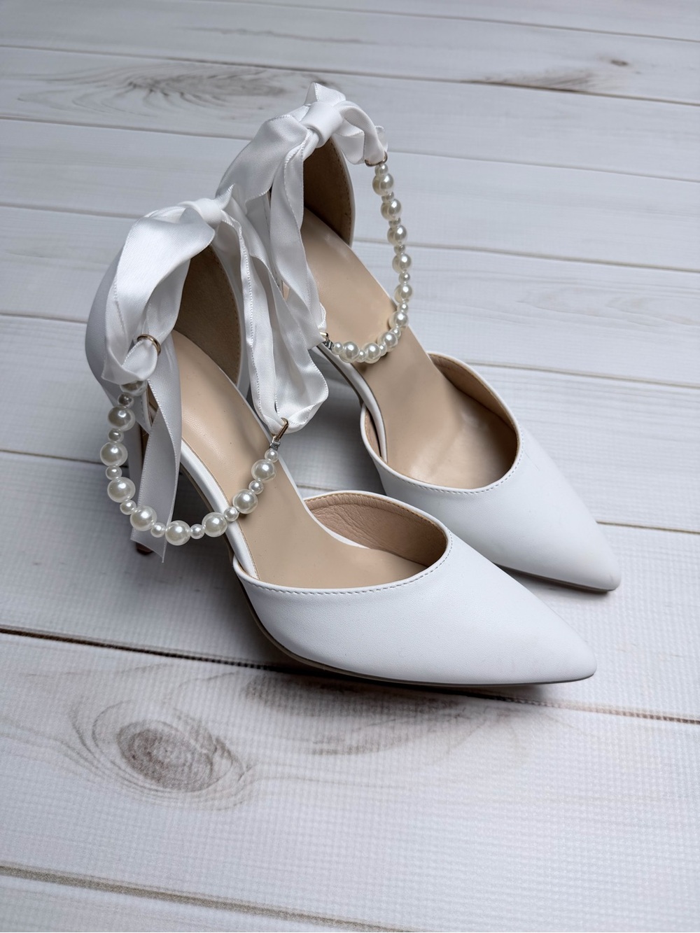 Pointed Toe Bridal Heels with Pearl Ankle Strap & Ribbon Ties - Picture 3 of 8